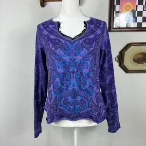 Y2K Purple Patterned 3/4 Sleeve Top Black Mesh SIZE L‎ Whimsigoth Fairy Grunge